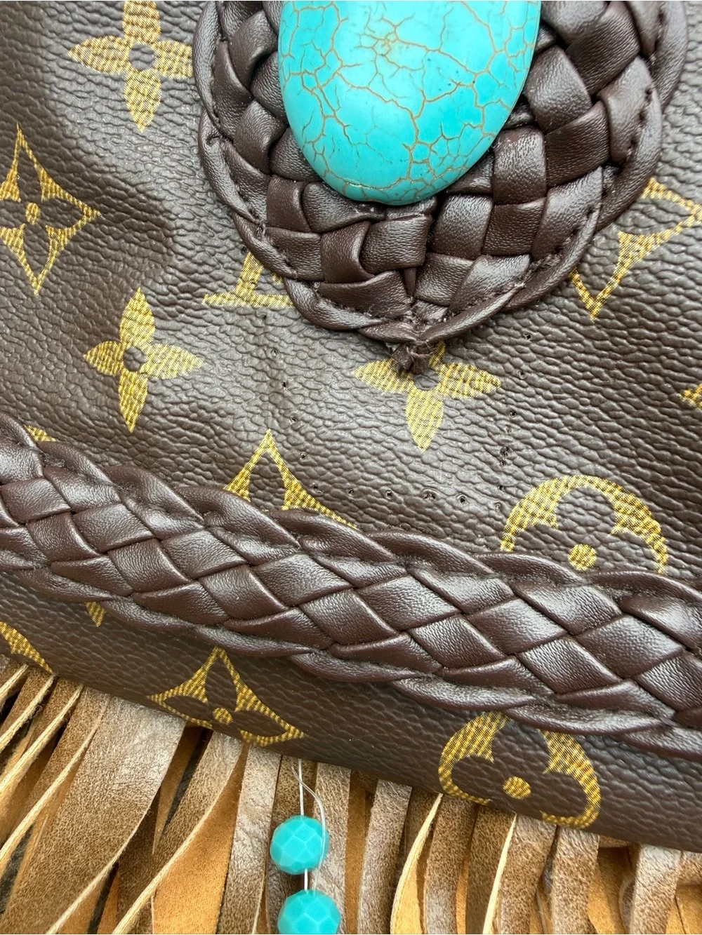Monogram Fringe Shoulder Bag with Turquoise Accent - Picture 4 of 5
